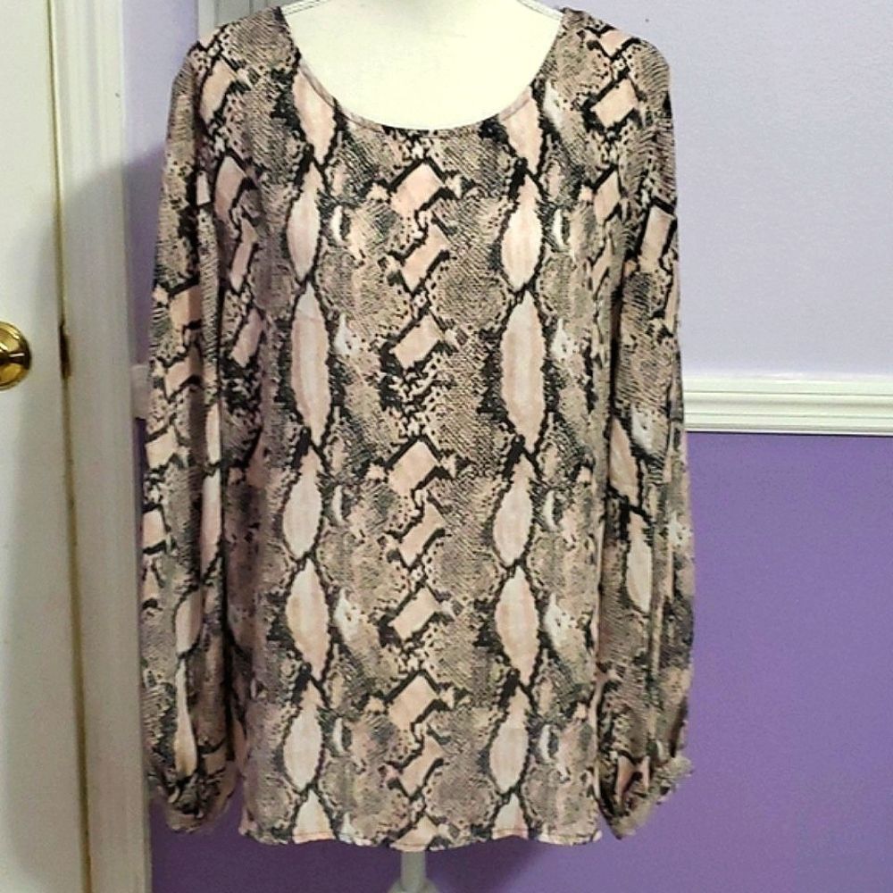 Worthington Pink & Black Snake Print Balloon Sleeves Flowy Tunic Top